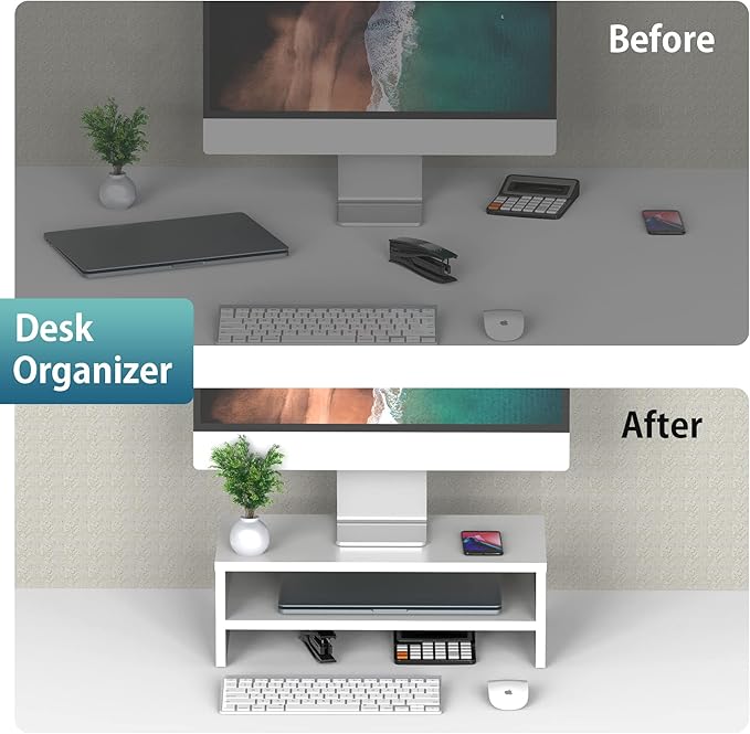 FITUEYES Monitor Stand - 2 Tier Computer Monitor Riser Shelf, Wood Desktop Stand for Laptop Computer Screen, Desk Organization, Office Supplies-DeskLoop Office