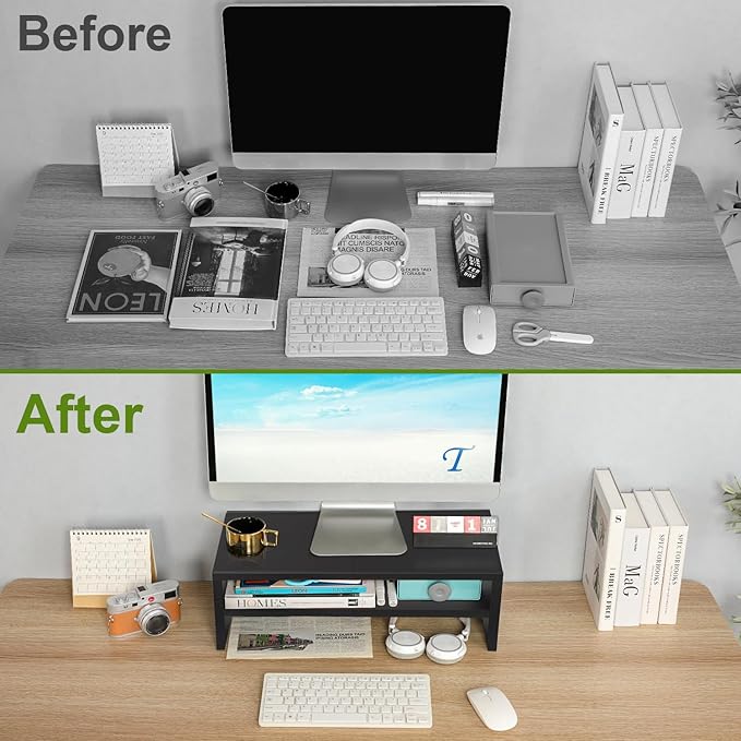 TEAMIX 2 Tiers Wooden Desktop Monitor Stand Riser 20 Inch Printer Stand with Double Storage Small TV Riser Laptop Keyboard Holder Business Desk Organizer Shelf Black Bookshelf-DeskLoop Office