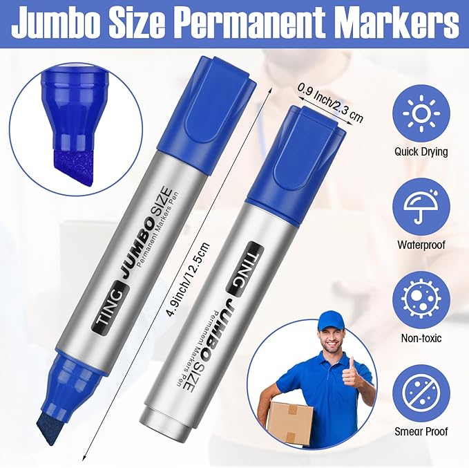 Fuutreo 32 Pcs Jumbo Permanent Markers Bulk Large Chisel Tip Permanent Markers Waterproof Jumbo Pens Quick Drying Office Teacher Supplies(Blue)-DeskLoop Office
