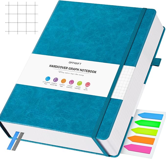 Graph Paper Notebook, 312 Numbered Pages B5 Hardcover Leather Journal, 100gsm No Bleed Grid Paper Notebook with Index Pages, Grid Notebook for Graphing Notes Math, 7.6'' X 10'', Blue-DeskLoop Office