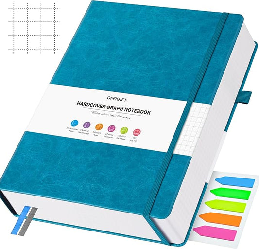 Graph Paper Notebook, 312 Numbered Pages Large A4 Hardcover Leather Journal, 100gsm No Bleed Grid Paper Notebook with Index Pages, Squared Grid Notebook for Graphing Notes Math, 8.5'' × 11'', Blue-DeskLoop Office