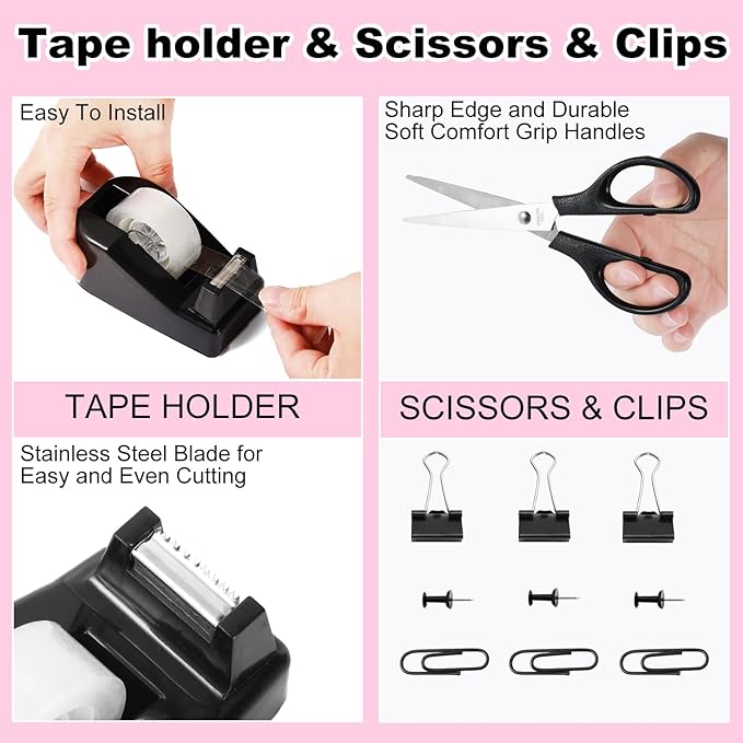 Black Desk Organizers and Accessories 10Pcs Set with 360-Degree Rotating Pen Holder, Tape Dispenser, Stapler, Staple Remover, 1000 Staples, Tape, Clips Set, Ruler, Scissor, Pen (Black)-DeskLoop Office