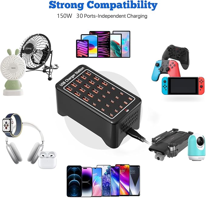 Charging Station, USB C Charger Block, 150W 30-Port【15USB-C + 15USB-A】, Travel Charger Station Fast Charger Desktop USB Wall Charger Compatible iPhone, iPad, Tablets, Smartphones-DeskLoop Office