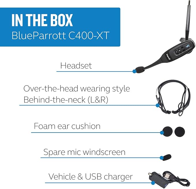 BlueParrott C400-XT Mono Bluetooth Wireless Headphones 96% Noise Canceling Trucker Headset with Mic, Convertible Over Head to Behind Neck Style with 300 ft. Wireless Range, 24 hrs. Talk Time, Black-DeskLoop Office