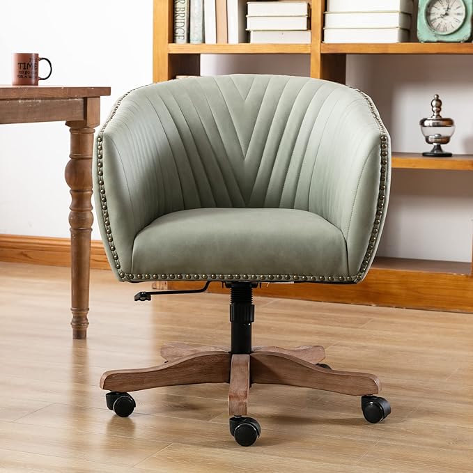 Green Faux Leather Home Office Desk Chair, Upholstered Barrel Swivel Adjustable Arm Desk Chair with Nailheads, Comfy Mid-Back Study Chair with Silent Wheel for Study Office Computer-DeskLoop Office