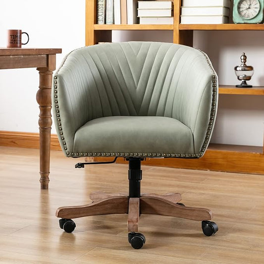 Green Faux Leather Home Office Desk Chair, Upholstered Barrel Swivel Adjustable Arm Desk Chair with Nailheads, Comfy Mid-Back Study Chair with Silent Wheel for Study Office Computer-DeskLoop Office