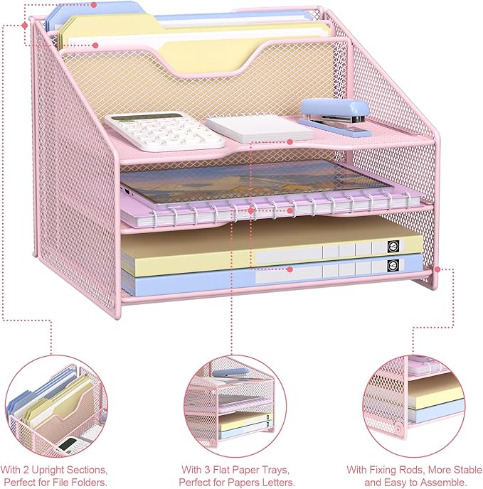 samstar Pink Desk File Organizer, Mesh Letter File Folder Holder with 3 Paper Trays and 2 Vertical Upright Section, for Office Supplies, Desk Accessories & Workspace, Pink-DeskLoop Office