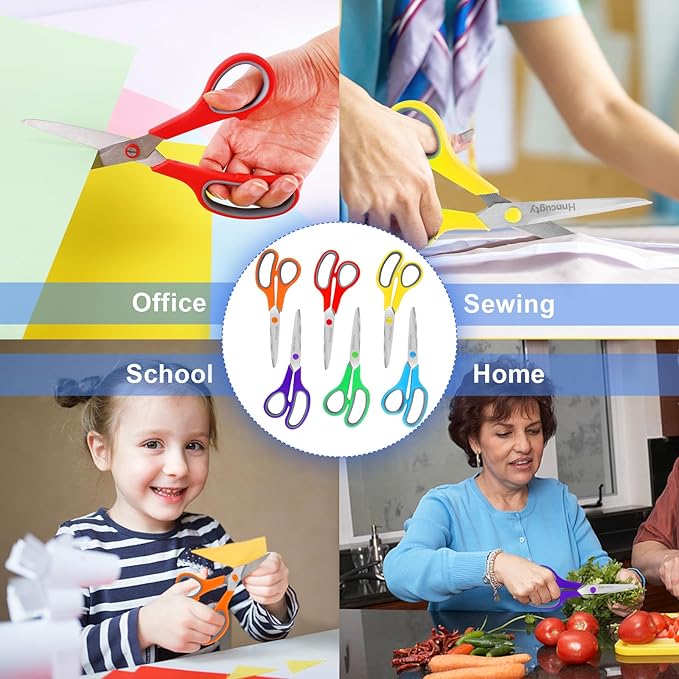 Scissors, Hnncugty 8" Scissors All Purpose Bulk Set of 6-Pack, Sharp Shears for Office Home Craft Sewing Fabric, High/Middle School Supplies Student Teacher Supplies, Comfort Grip Right/Left Handed-DeskLoop Office