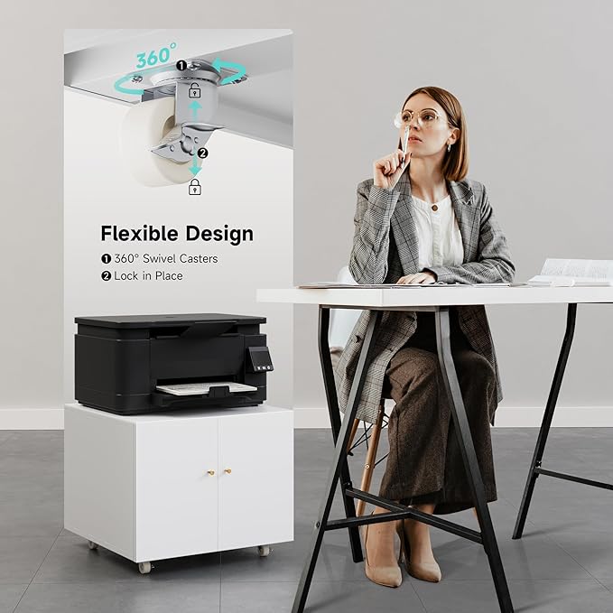Warmiehomy Metal Printer Stand with Storage Mobile Printer Tables for Small Spaces with Door Adjustable Shelf White File Cabinet on Wheels for Home Office-DeskLoop Office
