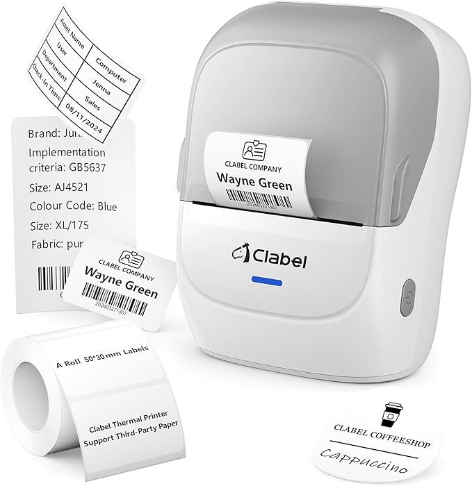 CLABEL Thermal Label Maker Machine: 221B Bluetooth Label Printer Mini Sticker Barcode Printer Inkless Label Maker Compatible with Clothing Price Labeling with 1 Roll of 50x30mm Label(Gray White)-DeskLoop Office