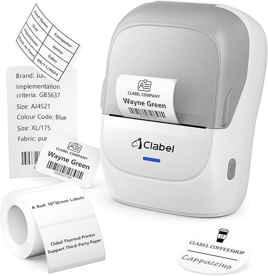 CLABEL Thermal Label Maker Machine: 221B Bluetooth Label Printer Mini Sticker Barcode Printer Inkless Label Maker Compatible with Clothing Price Labeling with 1 Roll of 50x30mm Label(Gray White)-DeskLoop Office