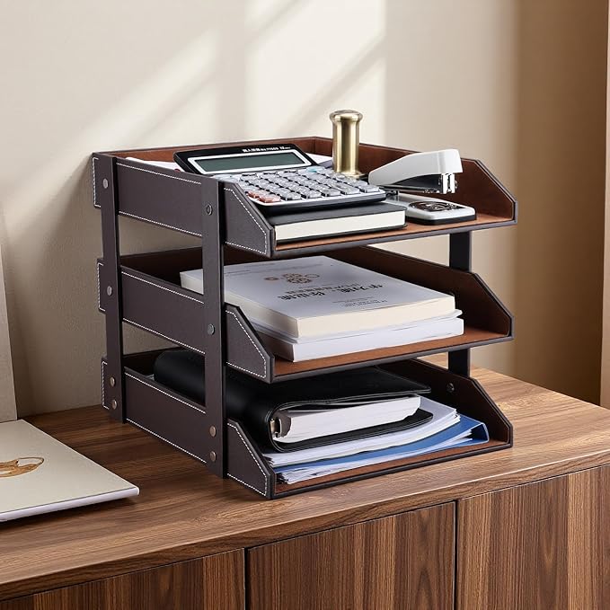 KINGFOM Letter Tray, Leather Paper Organizer Tray, Wooden Desk File Holder, Desktop File, Stackable Magazine Holder, Mail Sorter, Great for Home or Office - 3 Level Brown-DeskLoop Office