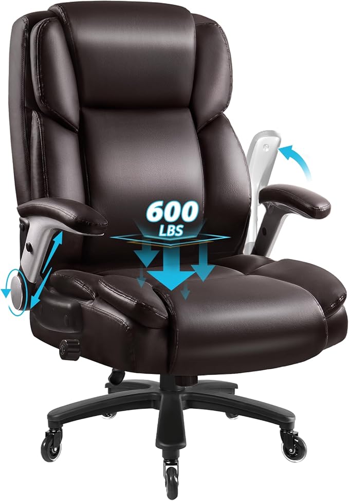 Big and Tall Office Chair 600lbs, Heavy Duty Executive Office Chair for Heavy People, Brown High Back Office Leather Ergonomic Chair with Adjustable Armrests and Lumbar Support for Computer Desk Chair-DeskLoop Office