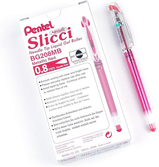Pentel Arts Slicci Metallic 0.8 mm Needle Tip Gel Pen, Metallic Red Ink, Box of 12 (BG208-MB)-DeskLoop Office