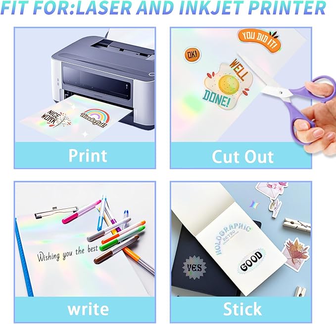 Printable Transparent Laser Sticker Paper, Laser & Inkjet Printable 8.5 x 11 Inches Dries Quickly Stickers Clear Rainbow Vinyl Label 22 pcs-DeskLoop Office