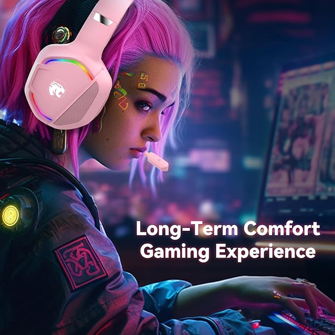 Gaming Headset with Microphone for Pc, Xbox One Series X/s, Ps4, Ps5, Switch, Stereo Wired Noise Cancelling Over-Ear Headphones with Mic, RGB, for Computer, Laptop, Mac, Nintendo, Gamer (Pink)-DeskLoop Office