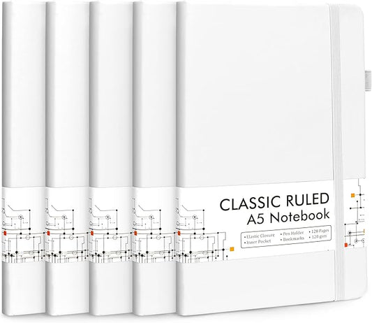 feela 5 Pack Notebooks Journals Bulk, Hardcover Notebook Classic Ruled Lined Journals with Pen Holder for Women Girls School Business Supplies, with 5 Black Pens, 120 GSM, 5.1”x8.3”, A5, White-DeskLoop Office
