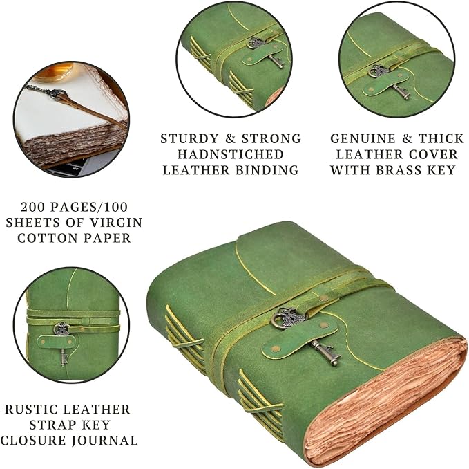 LEATHER VILLAGE Vintage Leather Journal – 200 Handmade Vintage Deckle Edge Paper – Leather bound Journal For Women Men – Vintage Key Closure - Book of Shadows - Green - 6X4 inches (A6)