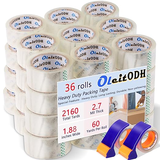 36 Rolls Clear Packaging Tape with Dispenser, 1.88" X 60 yd Shipping Tape Bulk, Total 2160 Yards, 2.7 mil, 3" Core, Heavy Duty Packing Tape Refills for Moving Boxes, Package, Mailing-DeskLoop Office