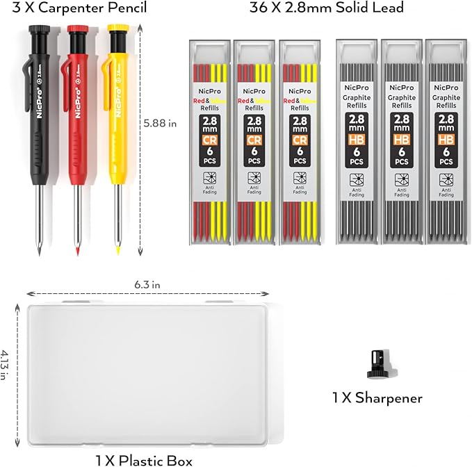 Nicpro 3 Pack Carpenter Pencil with Sharpener, Mechanical Carpenter Pencils with 39 Refills, Construction Pencil Heavy Duty Woodworking Pencils for Architect (Red, Black, Yellow)- With Case-DeskLoop Office