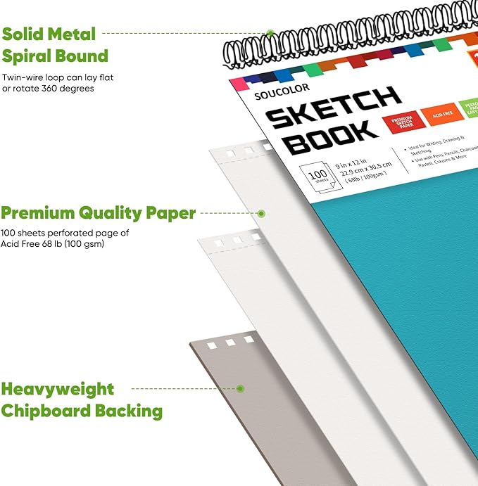 Soucolor School Supplies 9" x 12" Sketch Book for High College Teacher Student, 1-Pack 100 Sheets Spiral Bound Art Sketchbook, Acid Free (68lb/100gsm) Artist Blank Book for Kids, Back to School Stuff-DeskLoop Office