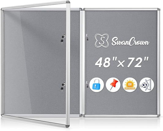 SWANCROWN Enclosed Bulletin Board 48x36 in, Tamperproof Lockable Grey Felt Board Wall Display Case for Office School Home, Aluminum Frame, 2PCS-DeskLoop Office