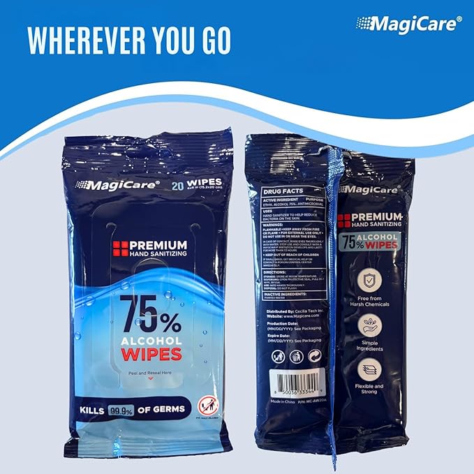 MagiCare 75% Alcohol Hand Sanitizing Wipes (Travel Wipes, 10 Packs) - Premium, Unscented, Large Alcohol Wipes - Hand Wipes Travel Size - Bag, Purse, Car - 10 Packs of 20 (200 Hand Sanitizer Wipes)-DeskLoop Office