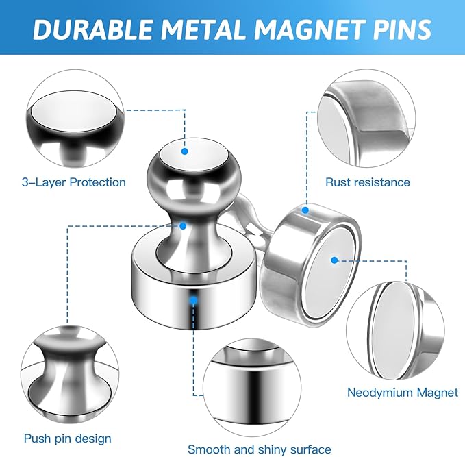 10Pack Fridge Magnets for Whiteboard Silver White Board Magnet Set Round Pin Magnets Metal Magnetic Push Pins Cute Magnet for Refrigerator Kitchen Office School