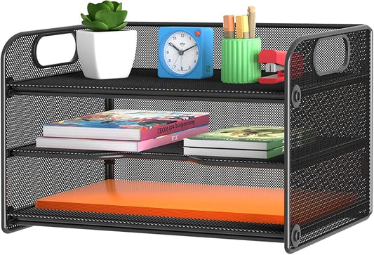 Samstar 3 Tier Letter Tray Paper Organizer with Handle, Mesh Desk Organizer Paper Sorter File Rack Shelves, Black-DeskLoop Office