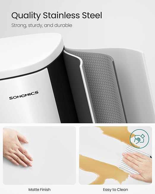 SONGMICS 13 Gallon (50 L) Trash Can, Stainless Steel Kitchen Garbage Can, Recycling or Waste Bin, Soft Close, Step-On Pedal, Removable Inner Bucket, White ULTB050W01-DeskLoop Office