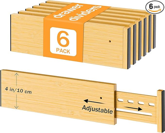 Bamboo Drawer Dividers 4" High, 12.8-18" Adjustable Drawer Organizers for Clothes,Expandable Dresser Separators in Bedroom/Kitchen/Bathroom/Office Organization and Storage,6 Pack-DeskLoop Office