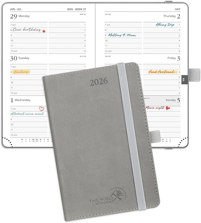 POPRUN Pocket Calendar 2026 (Small Size- 4'' x 6.25") Weekly and Monthly for Purse - Planner 2026 (Jan. 2026 - Dec. 2026) with Vegan Leather Soft Cover, Plastic Ruler, Pen Holder and More - Grey-DeskLoop Office