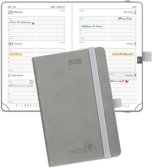 POPRUN Pocket Calendar 2026 (Small Size- 4'' x 6.25") Weekly and Monthly for Purse - Planner 2026 (Jan. 2026 - Dec. 2026) with Vegan Leather Soft Cover, Plastic Ruler, Pen Holder and More - Grey-DeskLoop Office