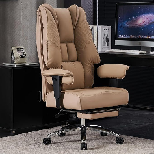 Big and Tall Office Chair 400lbs Wide Seat, Leather High Back Executive Office Chair with Foot Rest, Ergonomic Chairs Lumbar Support for Lower Back Pain Relief (Brown)-DeskLoop Office