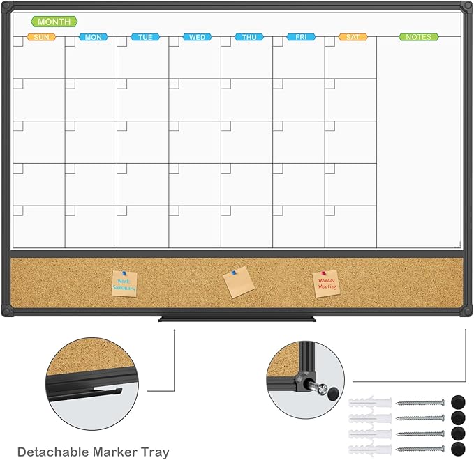 JILoffice Magnetic Calendar Whiteboard & Bulletin Corkboard Combination, Combo Board 36 x 24 Inch, Black Aluminum Frame Wall Mounted Board for Office Home and School with 10 Push Pins-DeskLoop Office