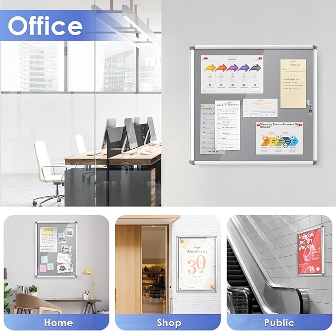 SWANCROWN Enclosed Bulletin Board 24x18 in, Tamperproof Lockable Grey Felt Board Wall Display Case for Office School Home, Aluminum Frame-DeskLoop Office