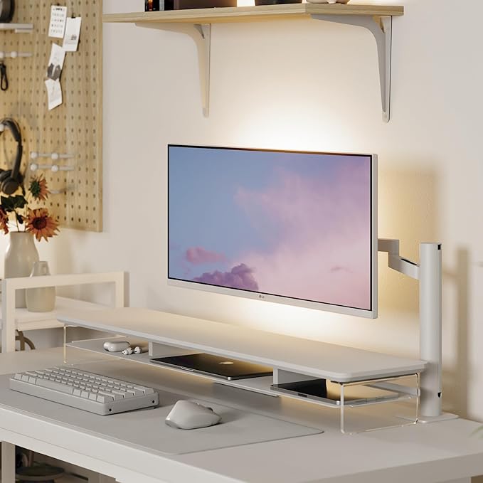 Fenge Acrylic Monitor Stand Riser, 42.5 Inches Dual Monitor Stand with Metal Storage, 2 Tier Acrylic Computer Riser for Desk, Clear Laptop Stand for PC, Laptop, Printer, TV, White-DeskLoop Office