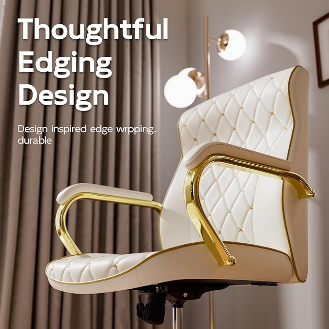 White and Gold Office Chair with Soft Leather Embroidery, Mid Back Vintage Swivel Executive Desk Chair with Wheels and Padded Arms, Adjustable Height-DeskLoop Office