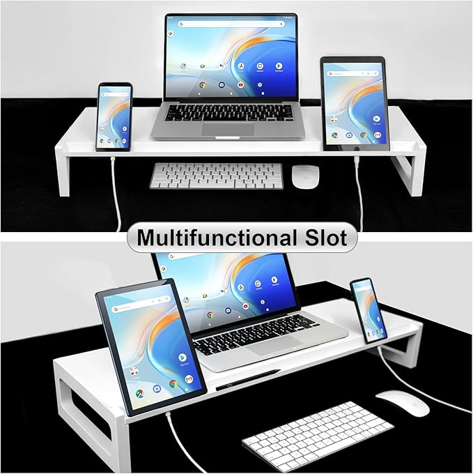 Dual Monitor Stand Riser – 28-Inch Computer Monitor Stand with Multifunctional Slot for 2 Monitors, Multi-Purpose Desktop Storage for Laptop, Printer, TV-DeskLoop Office