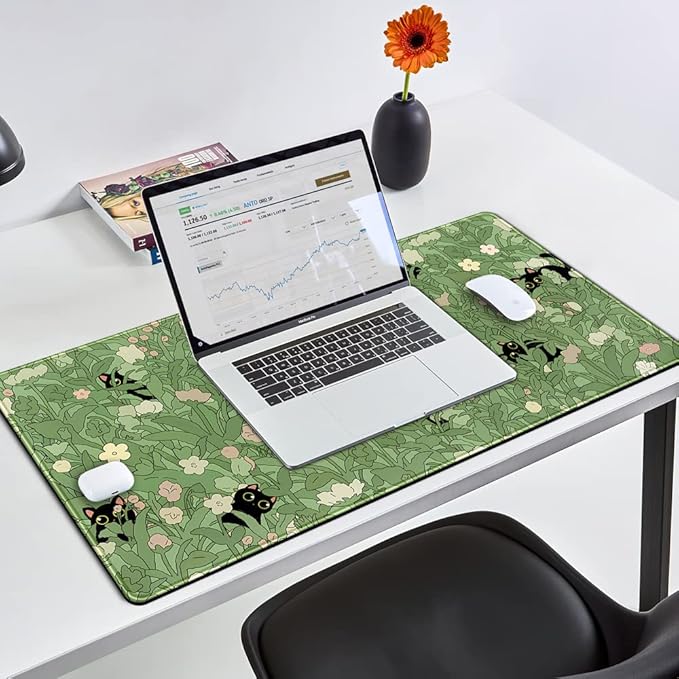 Green Desk Mat XL Cat Cute Plant Cool Desk Pad Keyboard Mat Kawaii Black Cat Flower Mouse Pad Green Desk Mat Desk Decor with Stitched Edges Non-Slip Large Computer Mat 31.5x15.7in-DeskLoop Office