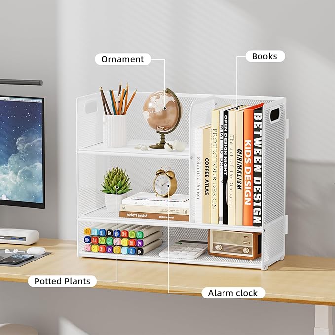 Marbrasse 3-Tier Desk Shelf Organizer with Handle, Desktop Bookshelf File Holder, Mesh Display Shelf Organizer Storage Rack for Office, Home, Supplies, Kitchen (White)-DeskLoop Office