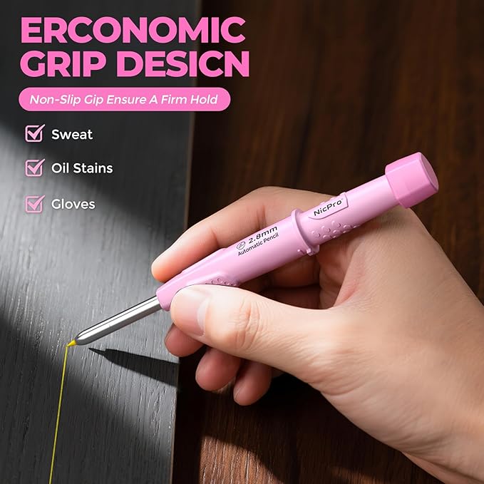 Nicpro CP3000 Carpenter Pencil with Sharpener, Construction Mechanical Pencils with 19 Refills, Heavy Duty Construction Pencil, Pink Woodworking Tools For Women, Great for Marking On Wood, Metal-DeskLoop Office