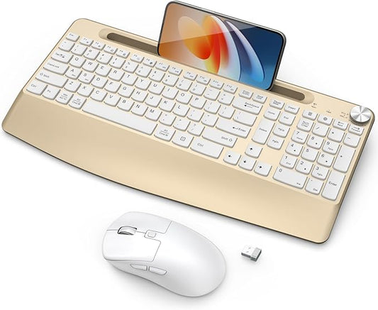 Ergonomic Wireless Keyboard and Mouse with Wrist Rest,Phone Holder - 2.4GHz Full-Sized Low-Profile Quiet Gold Wireless Mouse and Keyboard Combo for Computer, Laptop, PC, Mac-Gold-DeskLoop Office