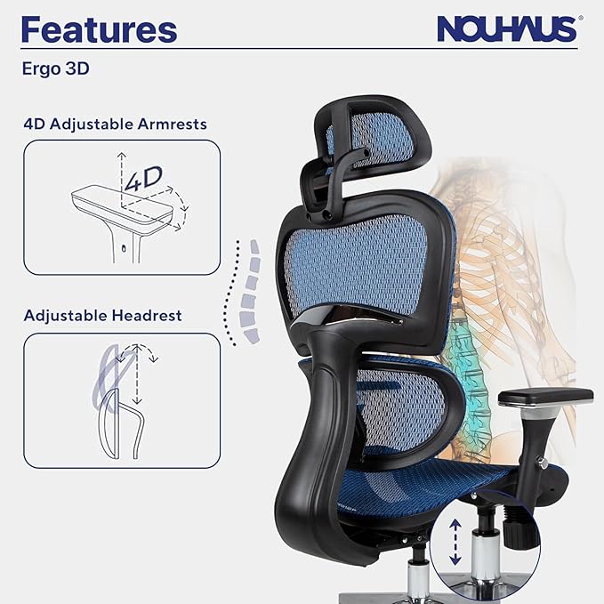 Nouhaus Ergo3D Ergonomic Office Chair Lumbar Support Mesh Office Chair with 4D Adjustable Armrest, Adjustable Headrest and Wheels, Mesh High Back Home Office Desk Chairs(Blue)-DeskLoop Office