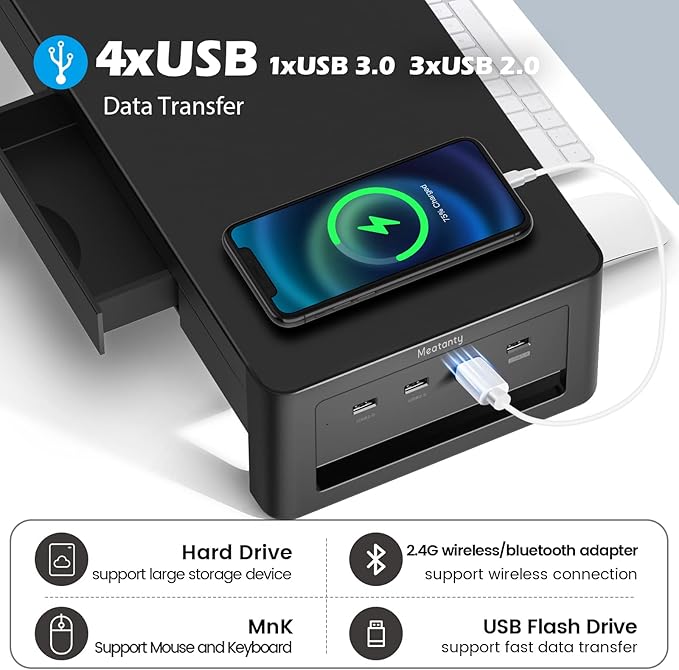 meatanty 2 in 1 Monitor Stand Riser with 2 Storage Drawers and 4 USB Ports, Metal Computer Monitor Stand Supports Transfer Data and Charging, Desk Organizer for PC,Laptop,iMac (21 inches)-DeskLoop Office