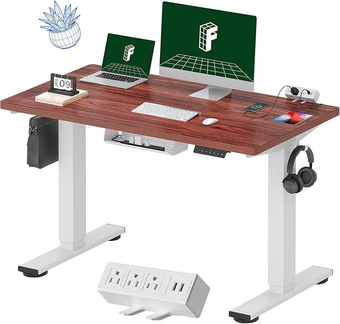 FLEXISPOT EN2 Whole-Piece Standing Desk with Clamp Power Strip, 48 x 24 Electric Stand Up Height Adjustable Desk with Cable Management (White Frame + 48" Mahogany Desktop, 2 Packages)-DeskLoop Office