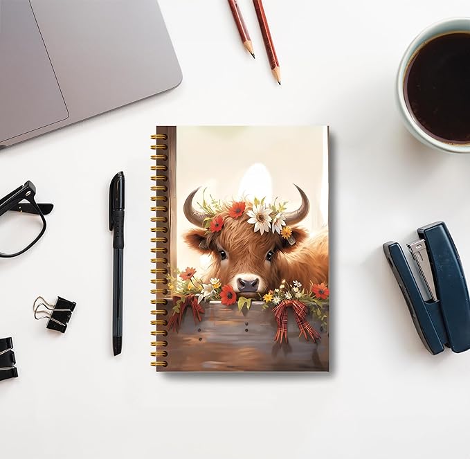 Floral Highland Cow Notebook - Western Cow Notebook, Highland Cow Office Supplies, Highland Cow Gifts, Cow Lover Gifts, Cute Cow Stuff, Farmhouse Highland Cow Spiral Notebook 5.5x8.3-DeskLoop Office