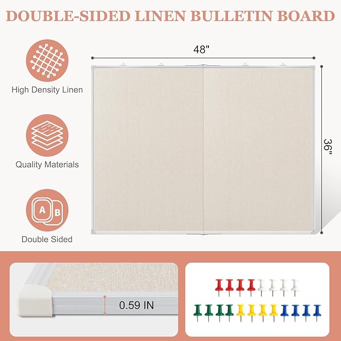 Double-Sided Large Cork Board with Linen, 48" x 36" Foldable Hanging Aluminum Framed Bulletin Board, Vision Board Pin Board Corkboards for Walls, Office, School Decor, 20 Pushpins-DeskLoop Office