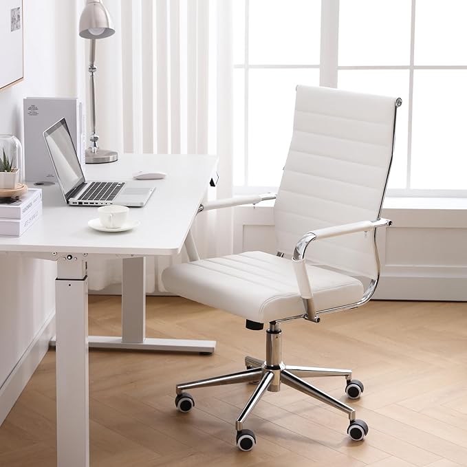 Home Office Chair Ribbed, Modern Leather Conference Room Chairs, Ergonomic Office Desk Chair, High Back Executive Computer Chair, Adjustable Swivel Chair with Arms (White)-DeskLoop Office