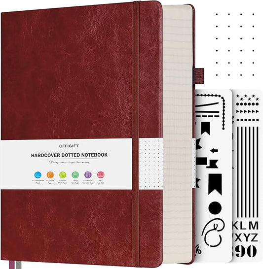 Dotted Journal Notebook, 312 Numbered Pages Large B5 Hardcover Leather Notebook, 100gsm No Bleed Paper Dot Grid Notebook with Index Pages, Dot Journal for Women Men, 7.6'' X 10'', Burgundy-DeskLoop Office